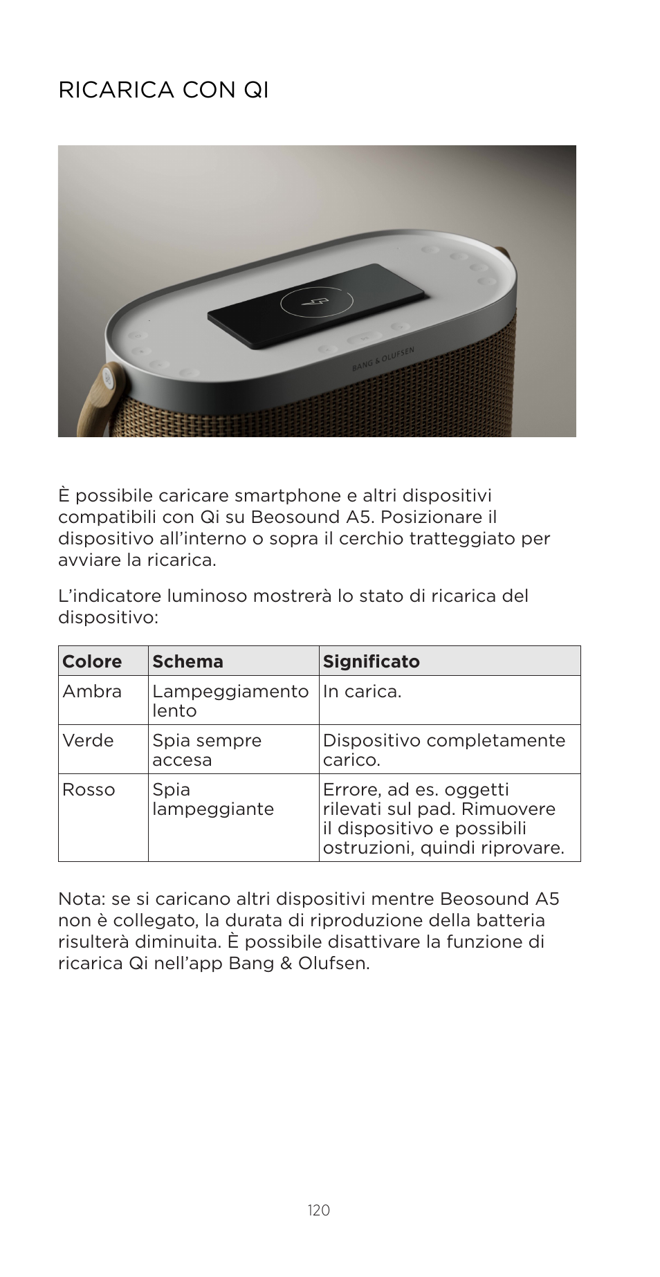 Ricarica con qi | Bang & Olufsen Beosound A5 Portable Wireless Speaker (Nordic Weave) User Manual | Page 120 / 213