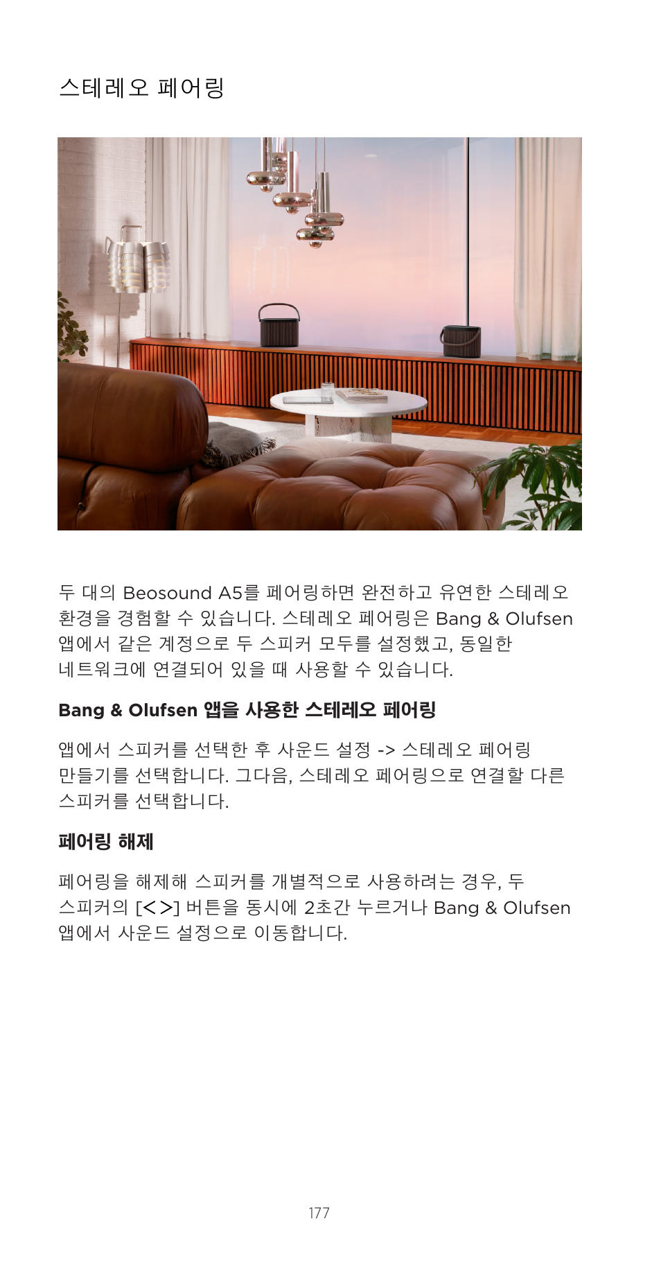 스테레오 페어링 | Bang & Olufsen Beosound A5 Portable Wireless Speaker (Nordic Weave) User Manual | Page 177 / 213