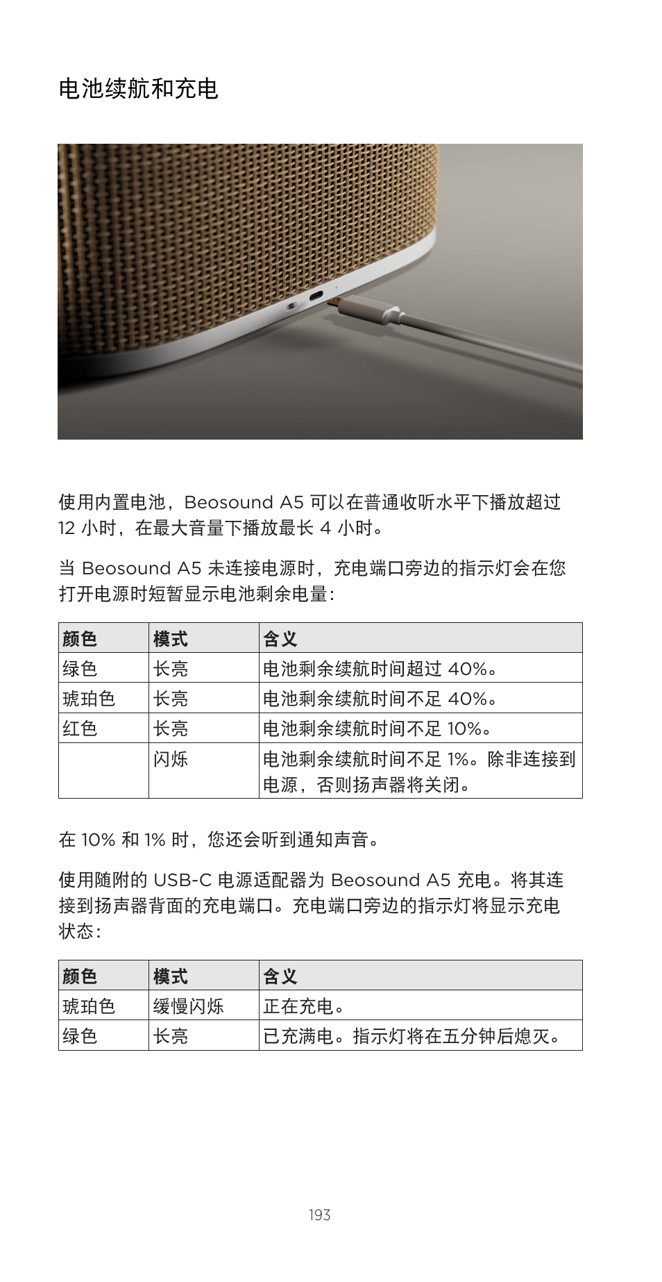 电池续航和充电 | Bang & Olufsen Beosound A5 Portable Wireless Speaker (Nordic Weave) User Manual | Page 193 / 213