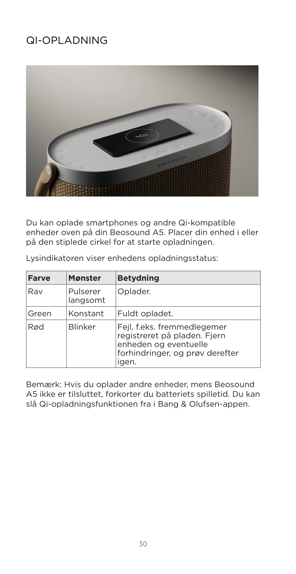 Qi-opladning | Bang & Olufsen Beosound A5 Portable Wireless Speaker (Nordic Weave) User Manual | Page 30 / 213