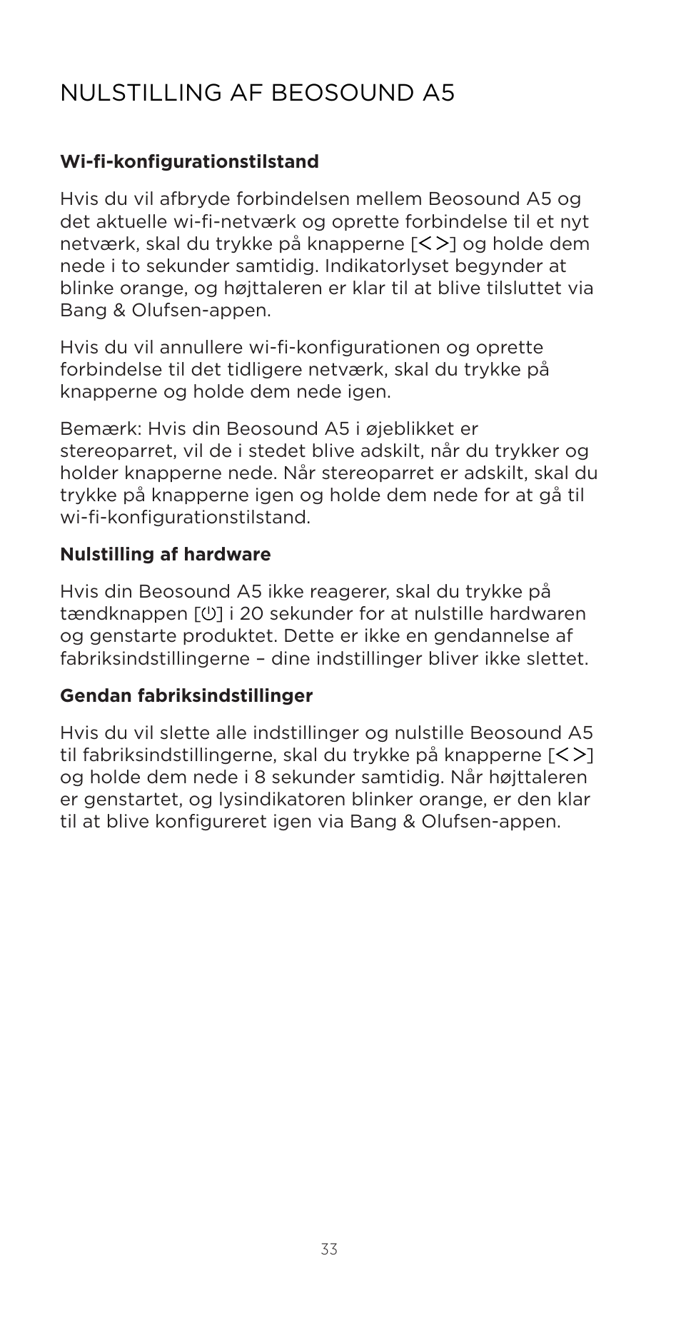 Nulstilling af beosound a5 | Bang & Olufsen Beosound A5 Portable Wireless Speaker (Nordic Weave) User Manual | Page 33 / 213