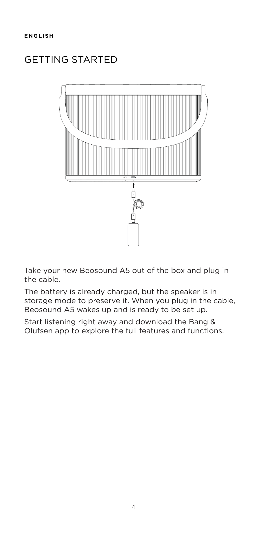 Getting started | Bang & Olufsen Beosound A5 Portable Wireless Speaker (Nordic Weave) User Manual | Page 4 / 213