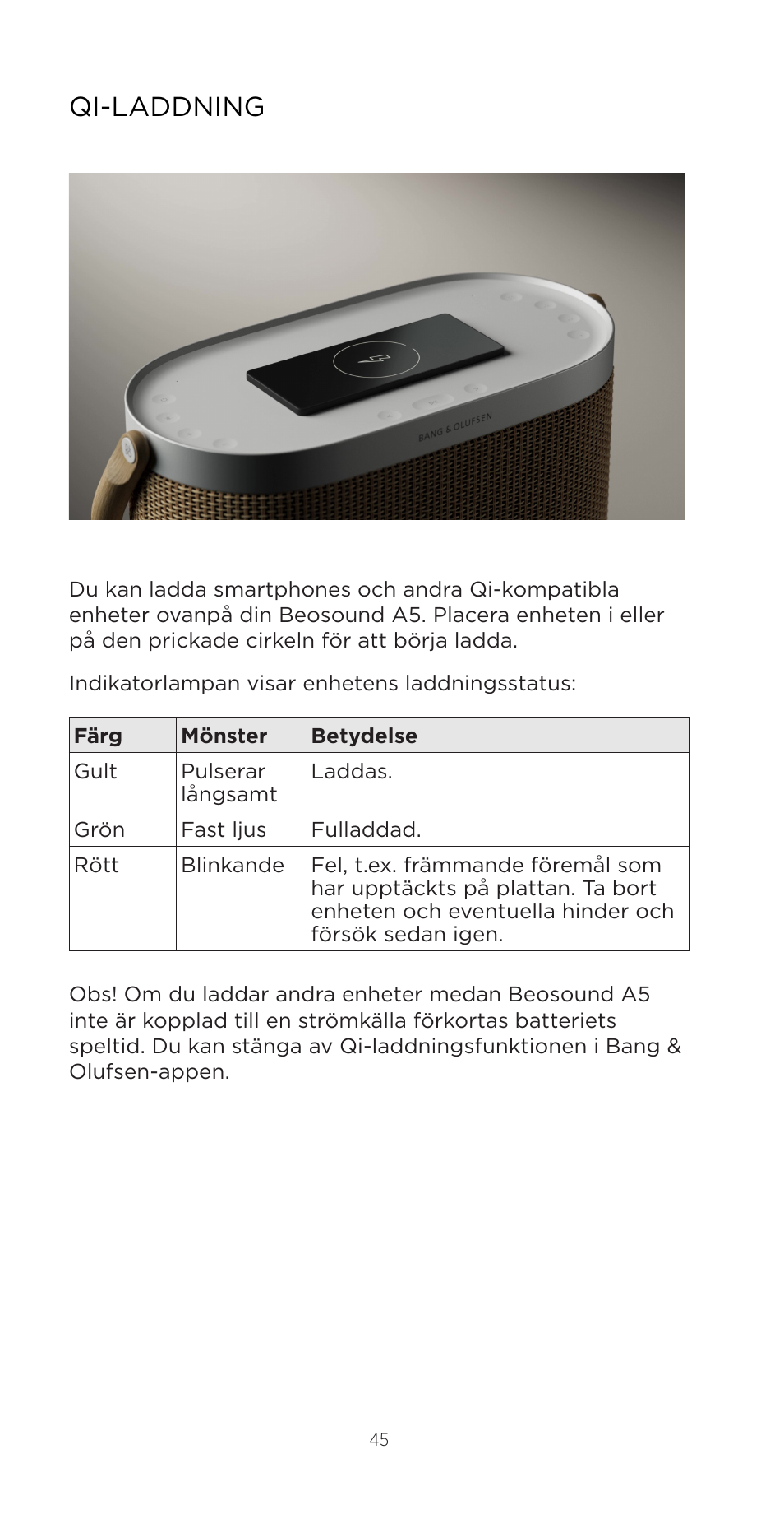 Qi-laddning | Bang & Olufsen Beosound A5 Portable Wireless Speaker (Nordic Weave) User Manual | Page 45 / 213