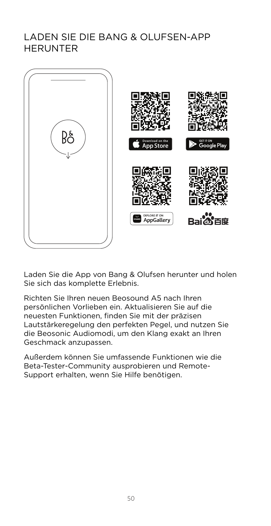 Laden sie die bang & olufsen-app herunter | Bang & Olufsen Beosound A5 Portable Wireless Speaker (Nordic Weave) User Manual | Page 50 / 213