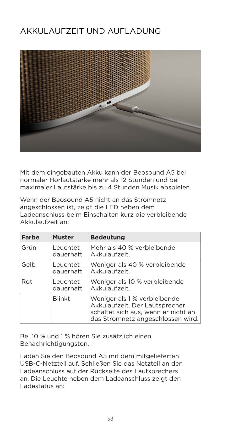 Akkulaufzeit und aufladung | Bang & Olufsen Beosound A5 Portable Wireless Speaker (Nordic Weave) User Manual | Page 58 / 213