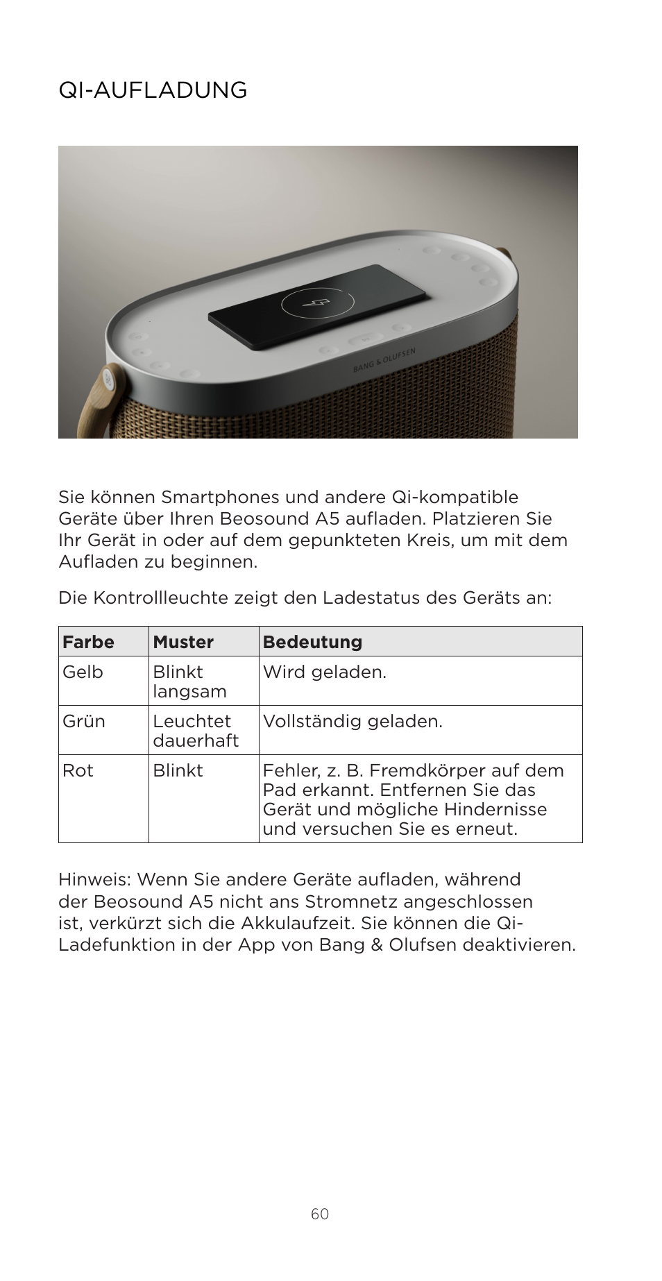 Qi-aufladung | Bang & Olufsen Beosound A5 Portable Wireless Speaker (Nordic Weave) User Manual | Page 60 / 213