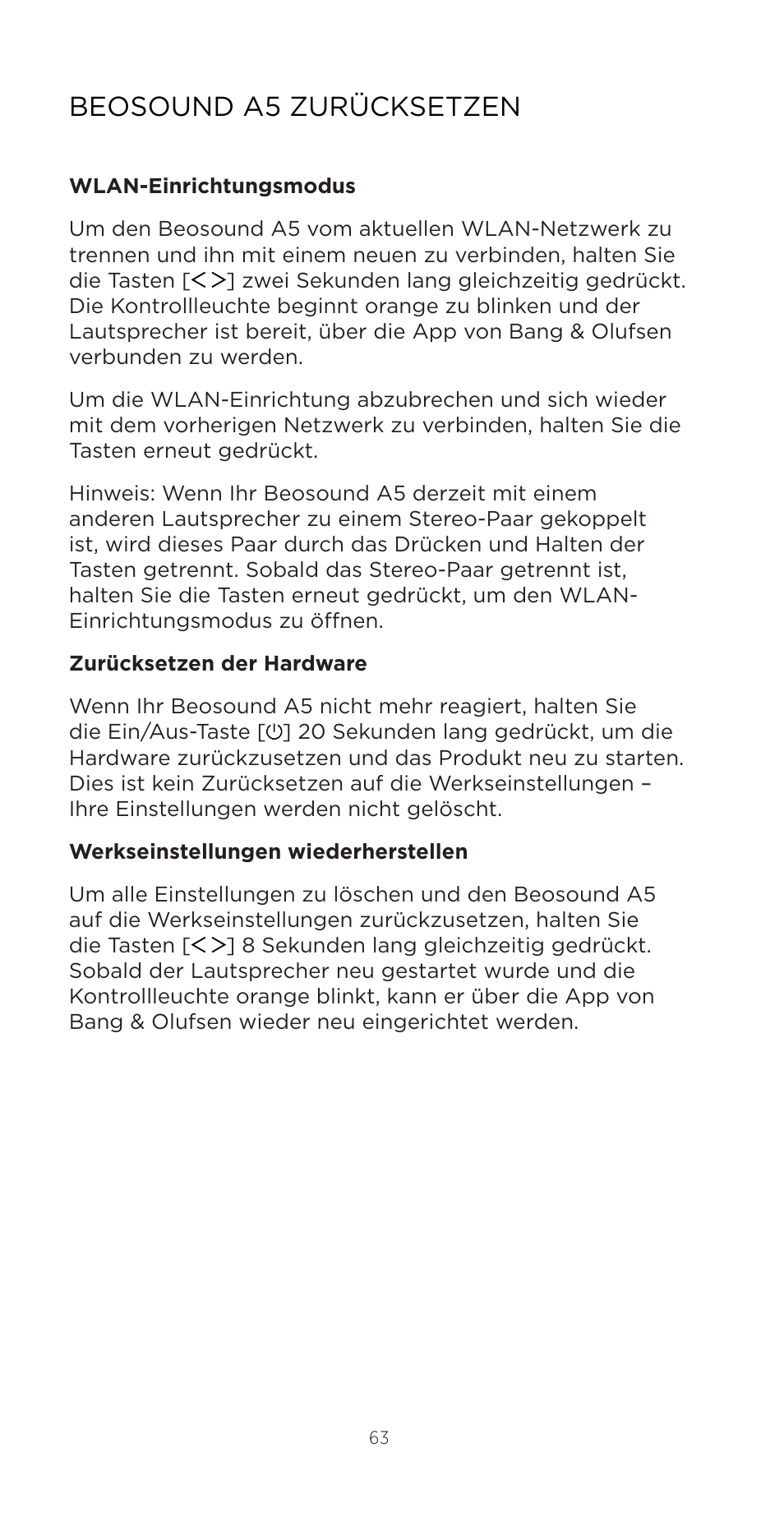 Beosound a5 zurücksetzen | Bang & Olufsen Beosound A5 Portable Wireless Speaker (Nordic Weave) User Manual | Page 63 / 213