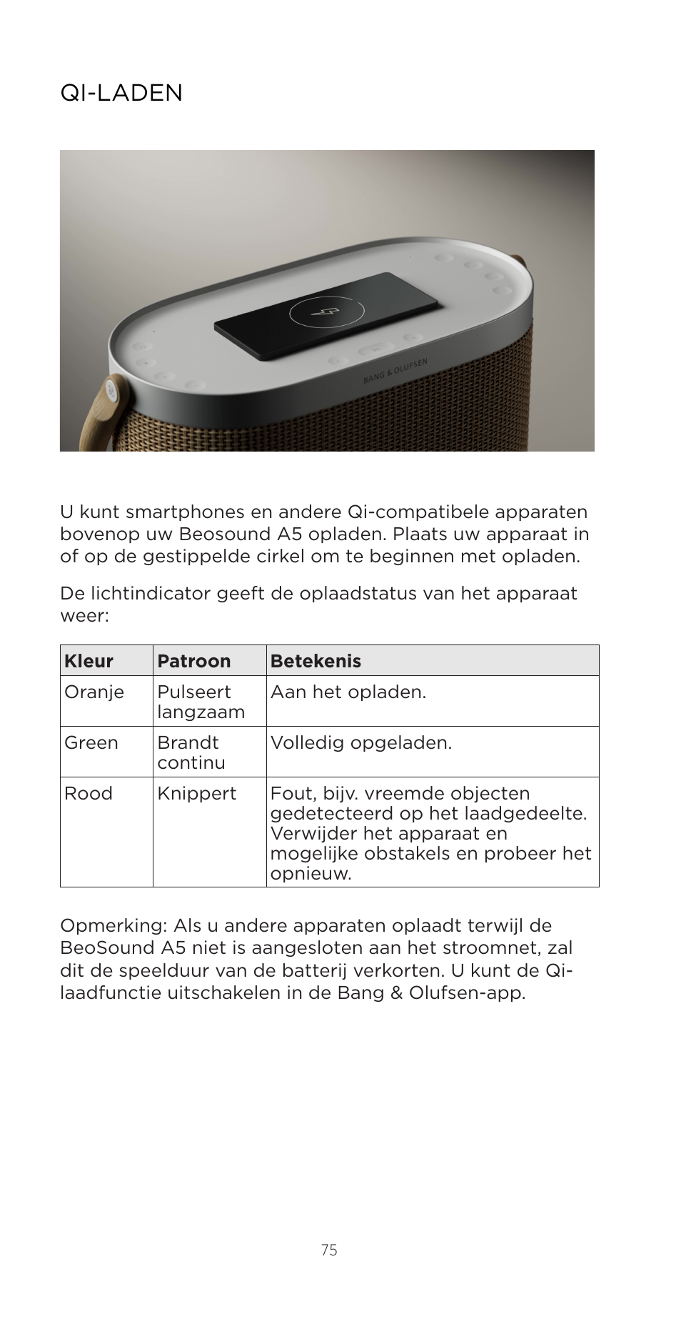 Qi-laden | Bang & Olufsen Beosound A5 Portable Wireless Speaker (Nordic Weave) User Manual | Page 75 / 213