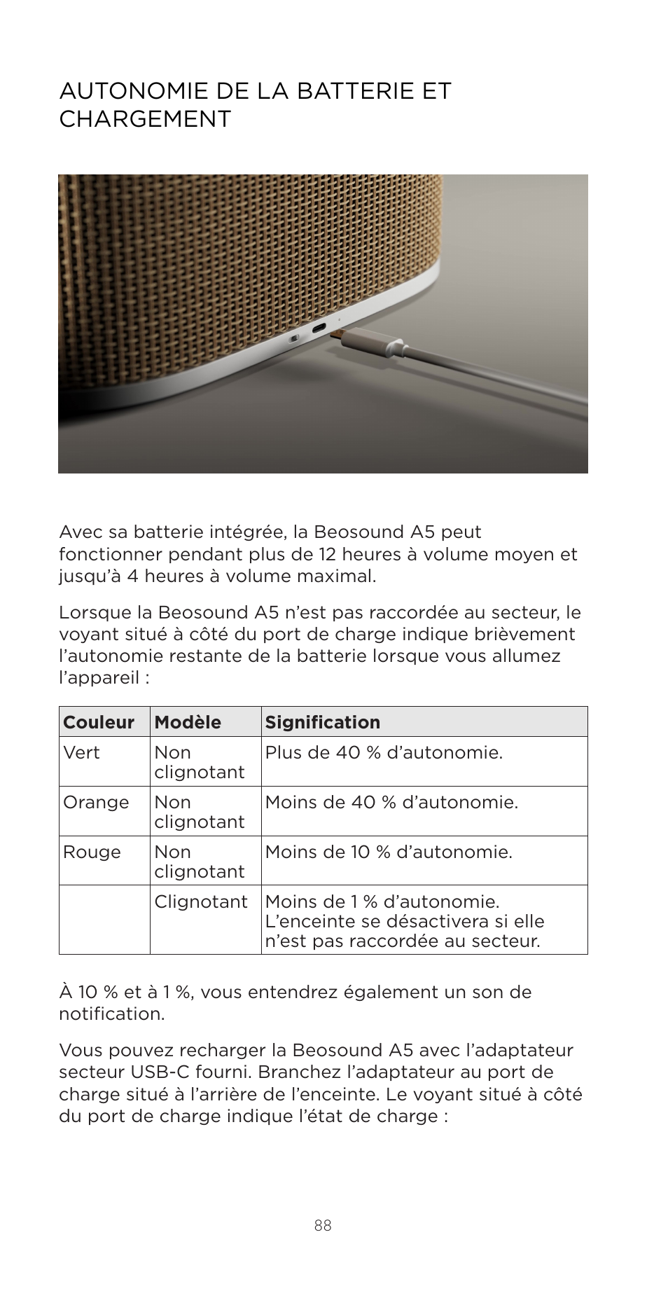 Autonomie de la batterie et chargement | Bang & Olufsen Beosound A5 Portable Wireless Speaker (Nordic Weave) User Manual | Page 88 / 213
