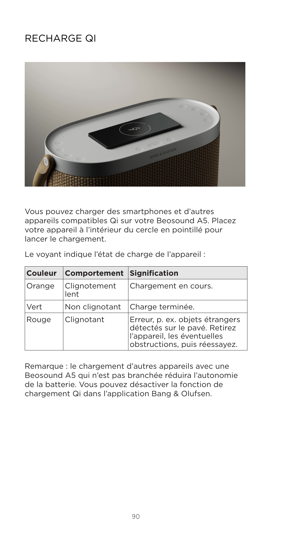 Recharge qi | Bang & Olufsen Beosound A5 Portable Wireless Speaker (Nordic Weave) User Manual | Page 90 / 213
