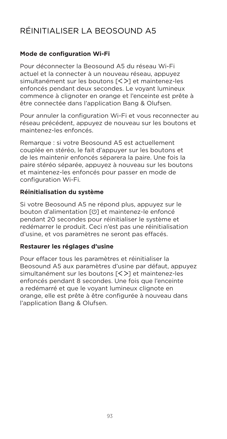 Réinitialiser la beosound a5 | Bang & Olufsen Beosound A5 Portable Wireless Speaker (Nordic Weave) User Manual | Page 93 / 213