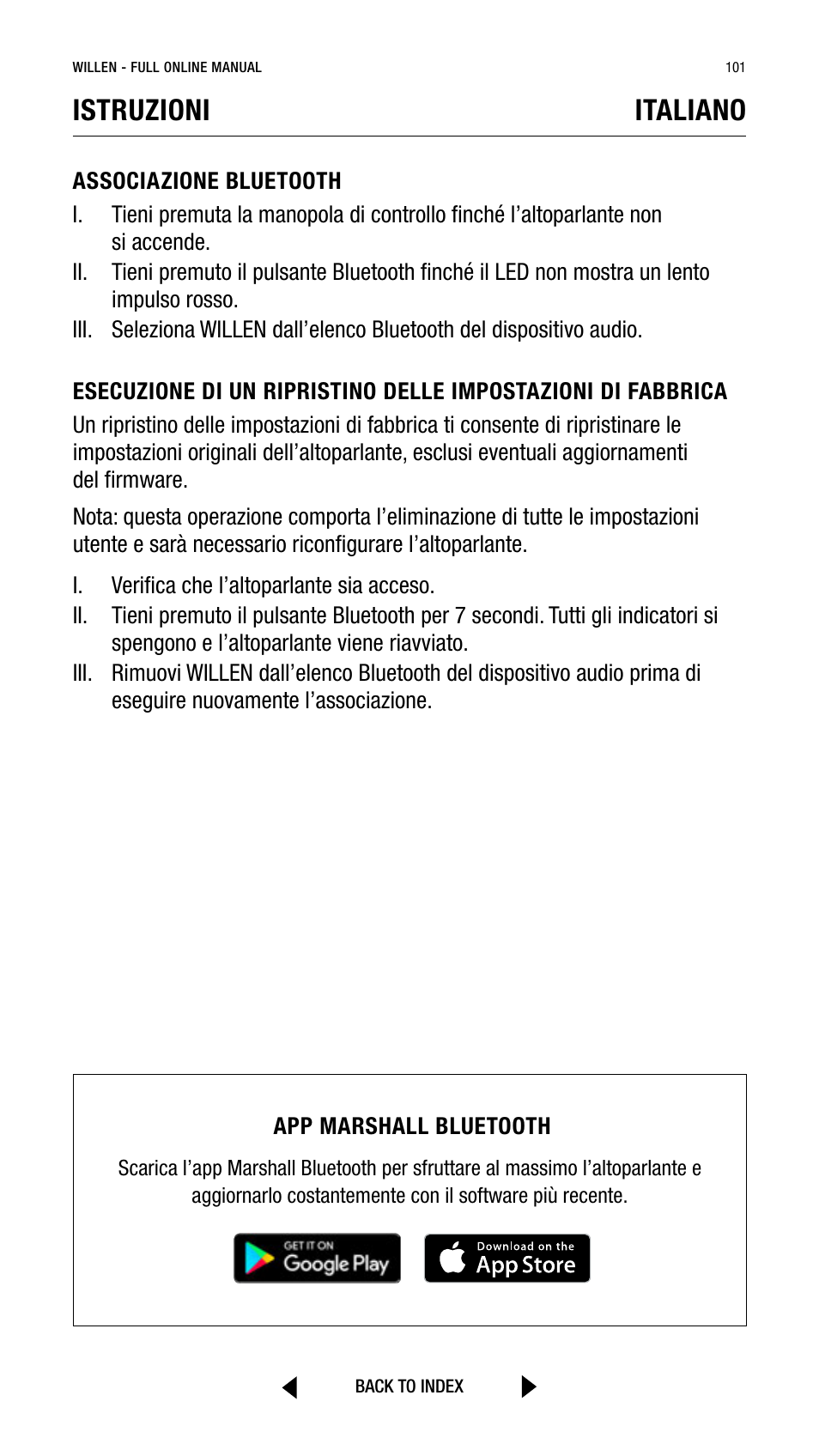 Istruzioni italiano | Marshall Willen Portable Bluetooth Speaker (Black & Brass) User Manual | Page 101 / 219