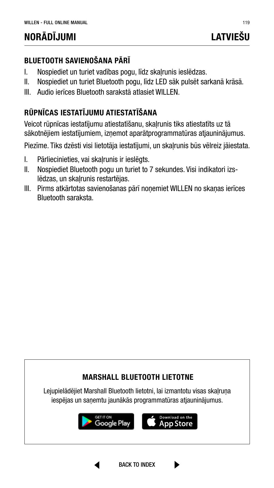 Norādījumi, Latviešu | Marshall Willen Portable Bluetooth Speaker (Black & Brass) User Manual | Page 119 / 219