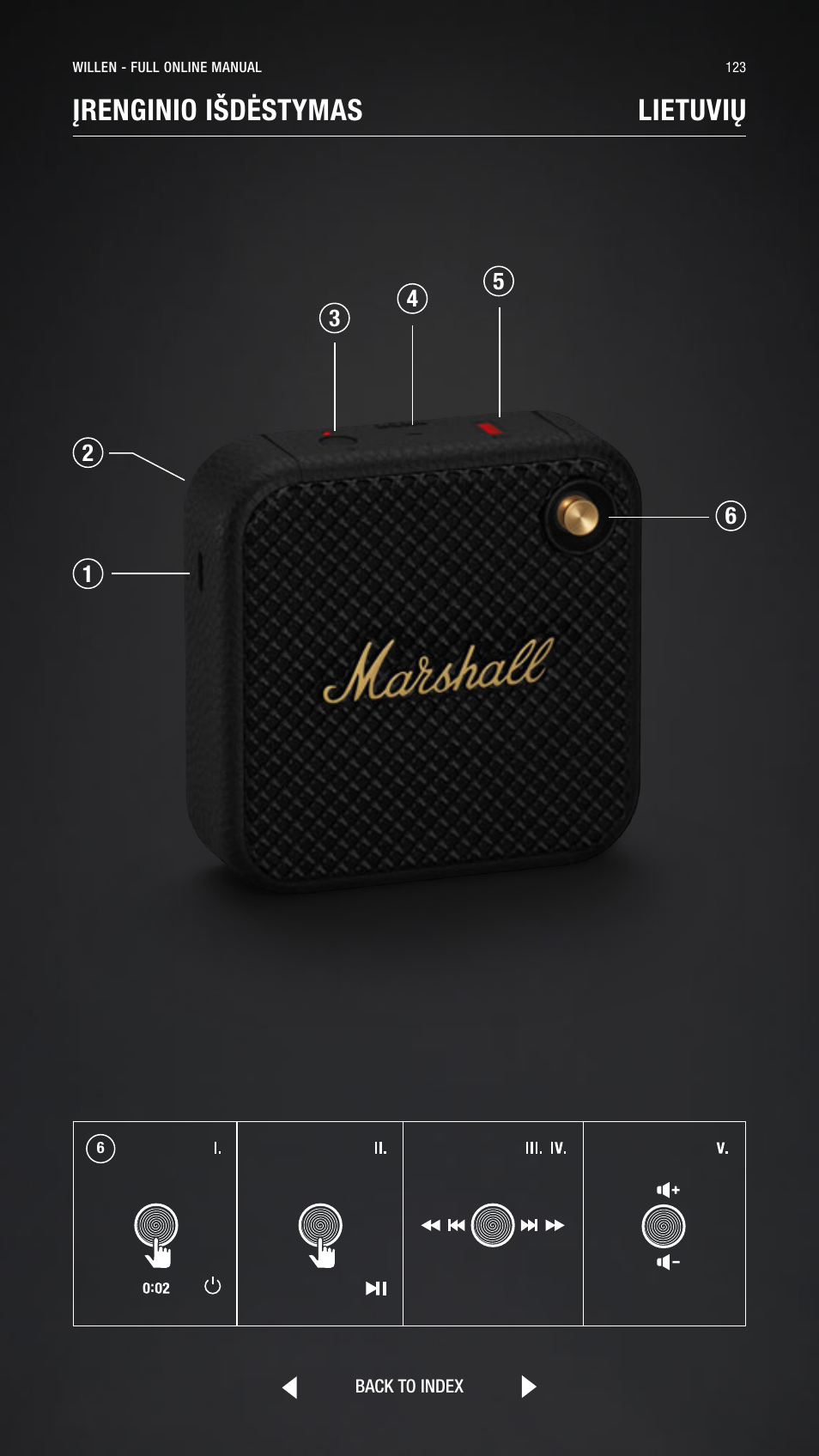 Lithuanian, Lietuvių, Įrenginio išdėstymas lietuvių | Marshall Willen Portable Bluetooth Speaker (Black & Brass) User Manual | Page 123 / 219