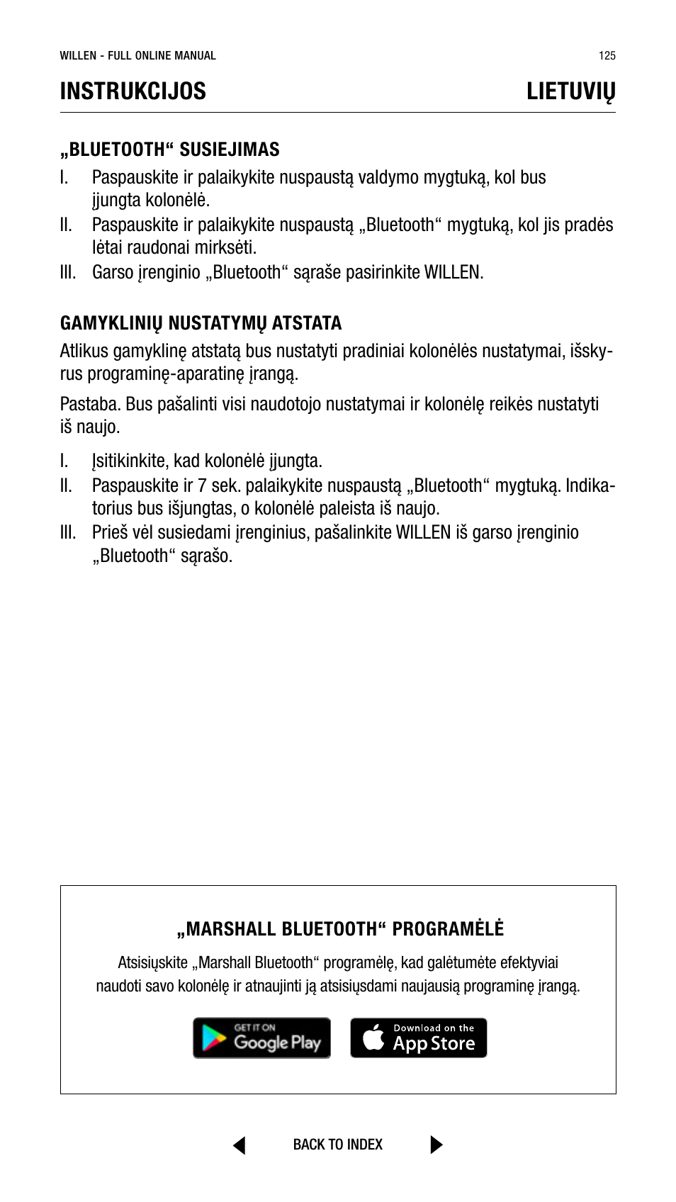 Instrukcijos, Lietuvių | Marshall Willen Portable Bluetooth Speaker (Black & Brass) User Manual | Page 125 / 219