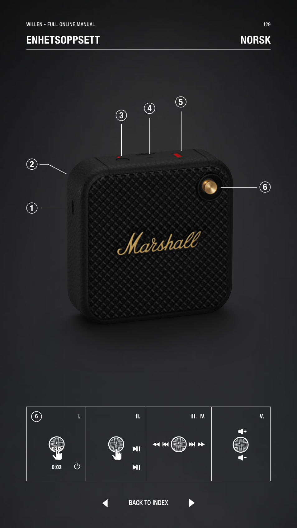 Norwegian, Norsk, Enhetsoppsett norsk | Marshall Willen Portable Bluetooth Speaker (Black & Brass) User Manual | Page 129 / 219