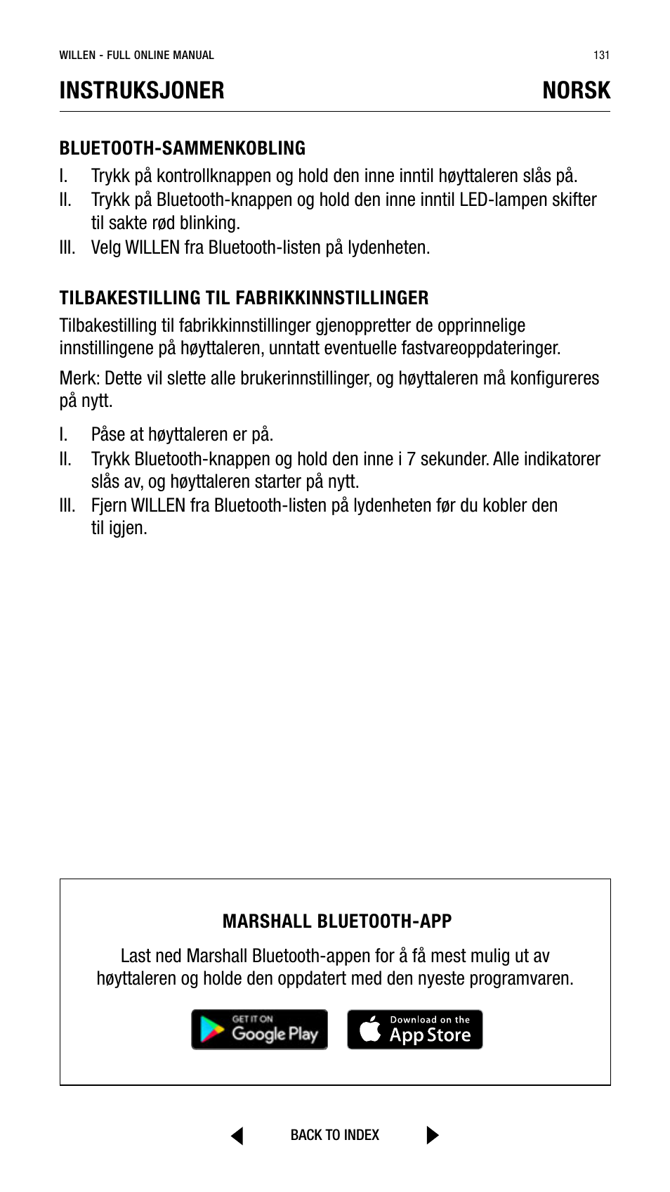 Instruksjoner, Norsk | Marshall Willen Portable Bluetooth Speaker (Black & Brass) User Manual | Page 131 / 219