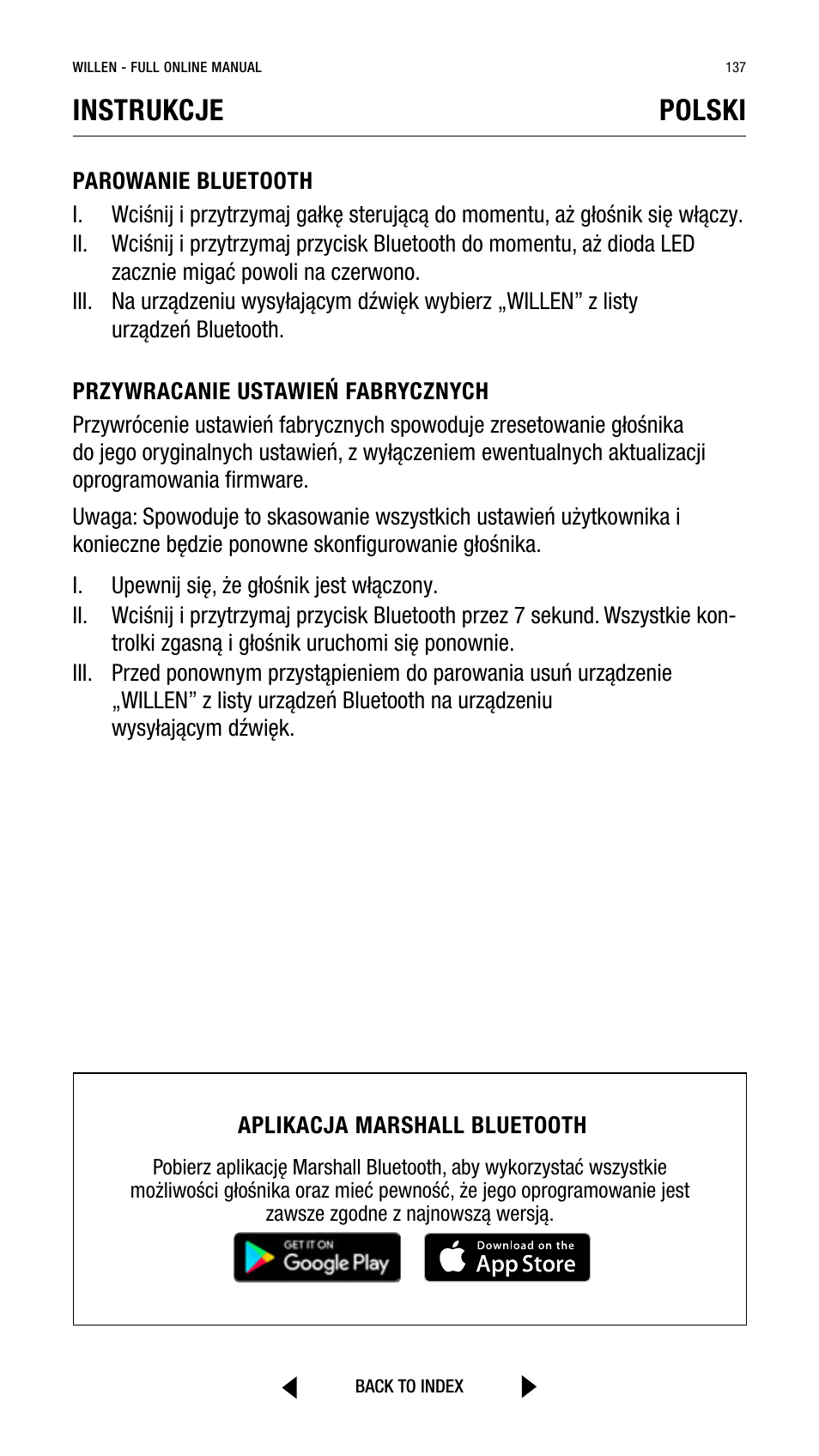 Instrukcje, Polski | Marshall Willen Portable Bluetooth Speaker (Black & Brass) User Manual | Page 137 / 219