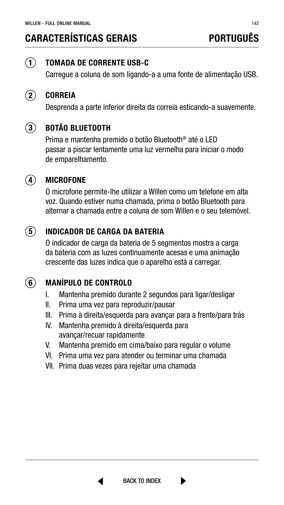 Características gerais português | Marshall Willen Portable Bluetooth Speaker (Black & Brass) User Manual | Page 142 / 219