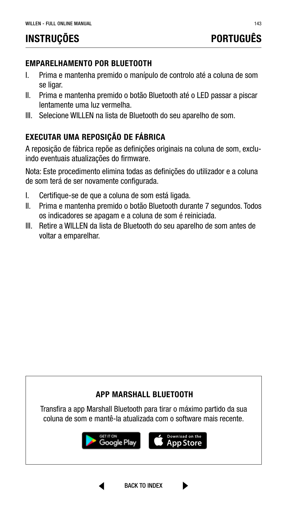 Instruções, Português | Marshall Willen Portable Bluetooth Speaker (Black & Brass) User Manual | Page 143 / 219