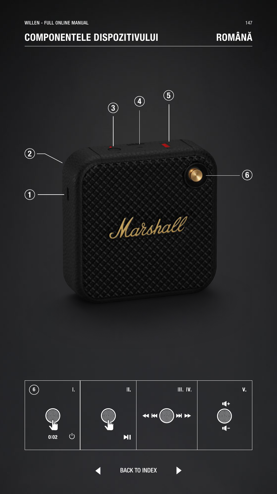 Romanian, Română, Componentele dispozitivului română | Marshall Willen Portable Bluetooth Speaker (Black & Brass) User Manual | Page 147 / 219