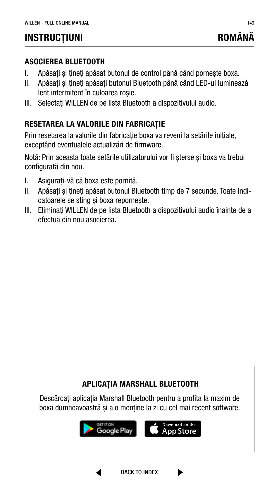 Instrucțiuni, Română | Marshall Willen Portable Bluetooth Speaker (Black & Brass) User Manual | Page 149 / 219