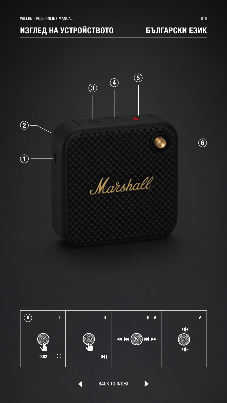 Bulgarian, Български език, Изглед на устройството български език | Marshall Willen Portable Bluetooth Speaker (Black & Brass) User Manual | Page 15 / 219