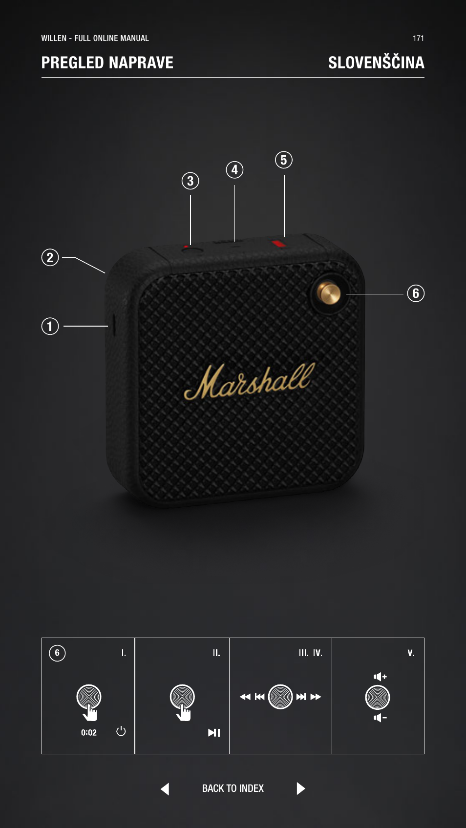Slovene, Slovenščina, Pregled naprave slovenščina | Marshall Willen Portable Bluetooth Speaker (Black & Brass) User Manual | Page 171 / 219