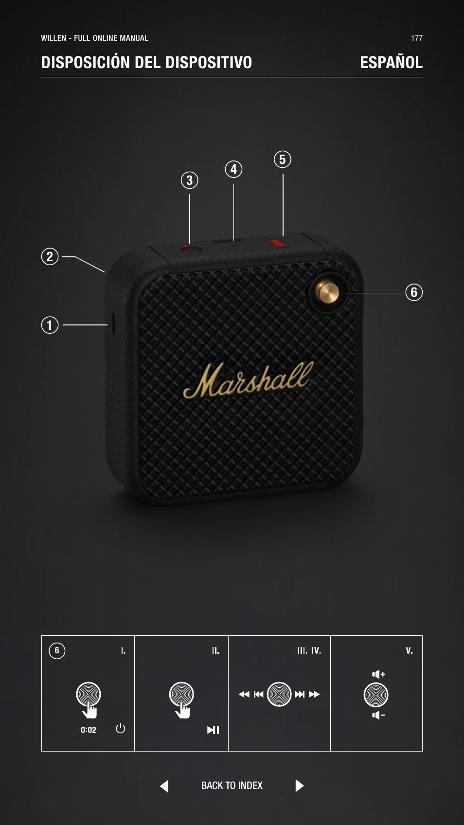 Spanish, Español, Disposición del dispositivo español | Marshall Willen Portable Bluetooth Speaker (Black & Brass) User Manual | Page 177 / 219