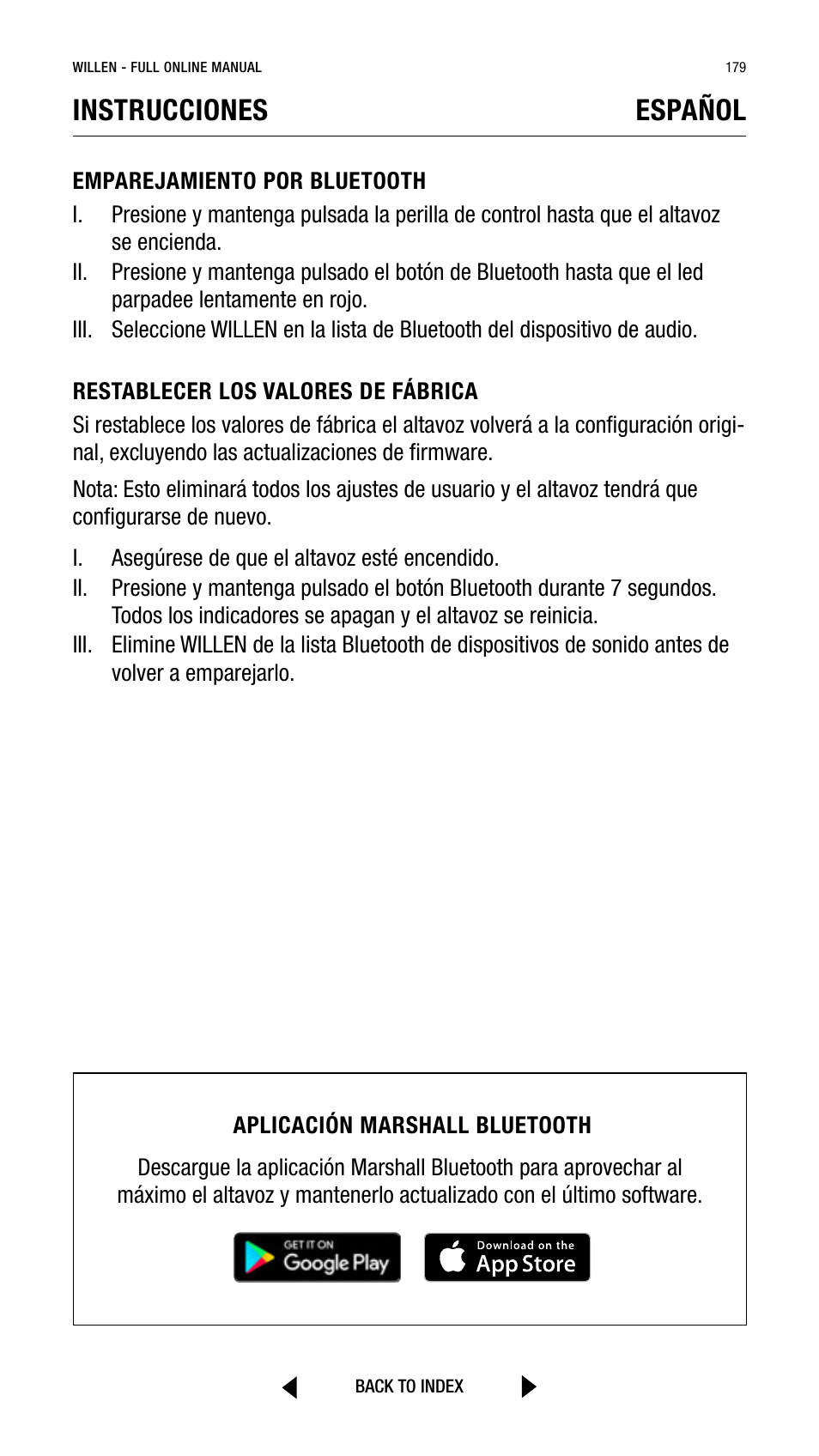 Instrucciones, Español | Marshall Willen Portable Bluetooth Speaker (Black & Brass) User Manual | Page 179 / 219