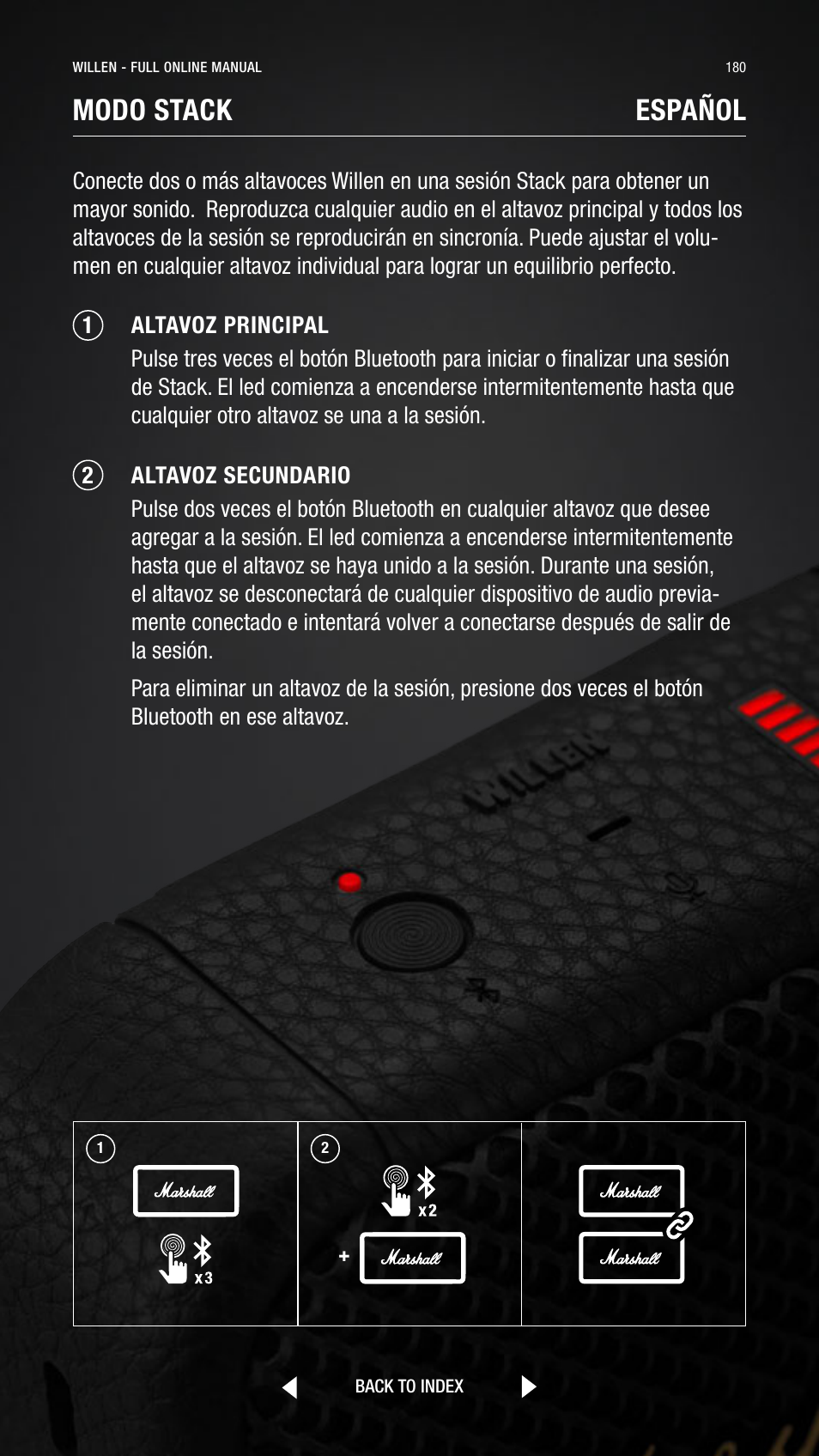 Modo stack, Español | Marshall Willen Portable Bluetooth Speaker (Black & Brass) User Manual | Page 180 / 219