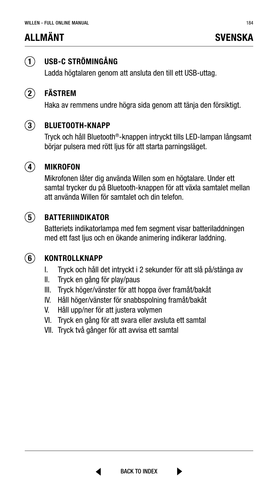 Allmänt svenska | Marshall Willen Portable Bluetooth Speaker (Black & Brass) User Manual | Page 184 / 219