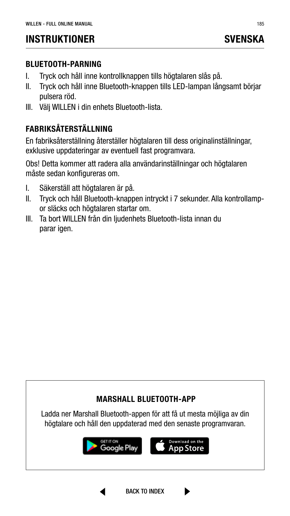 Instruktioner, Svenska | Marshall Willen Portable Bluetooth Speaker (Black & Brass) User Manual | Page 185 / 219