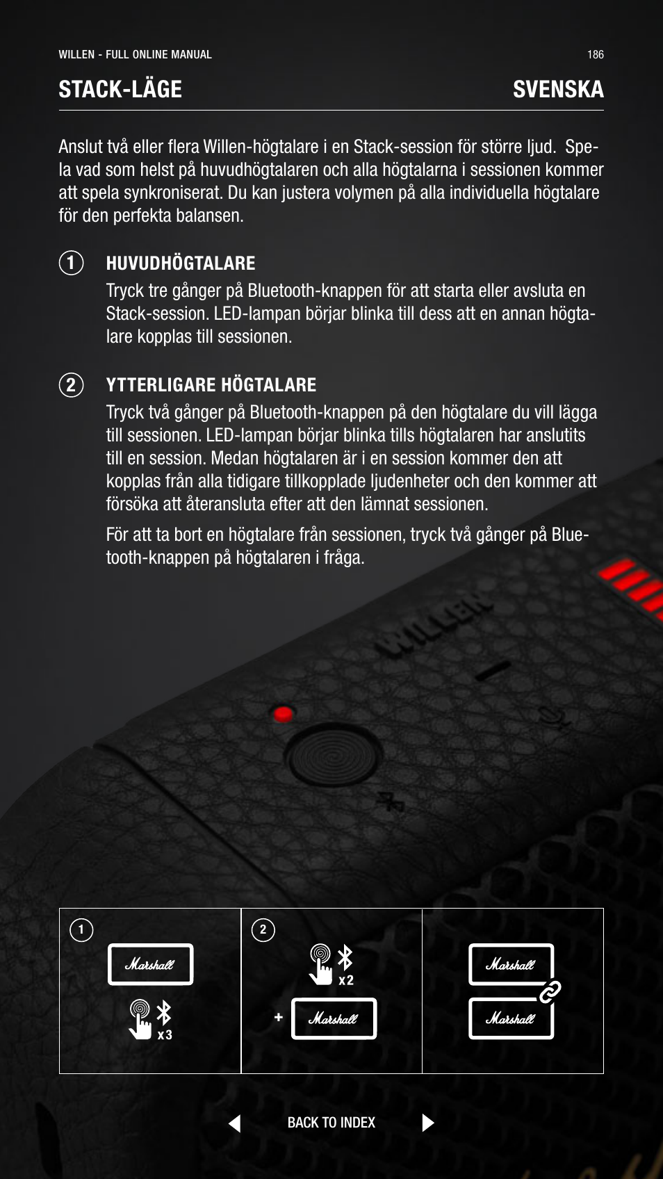 Stack-läge, Svenska | Marshall Willen Portable Bluetooth Speaker (Black & Brass) User Manual | Page 186 / 219