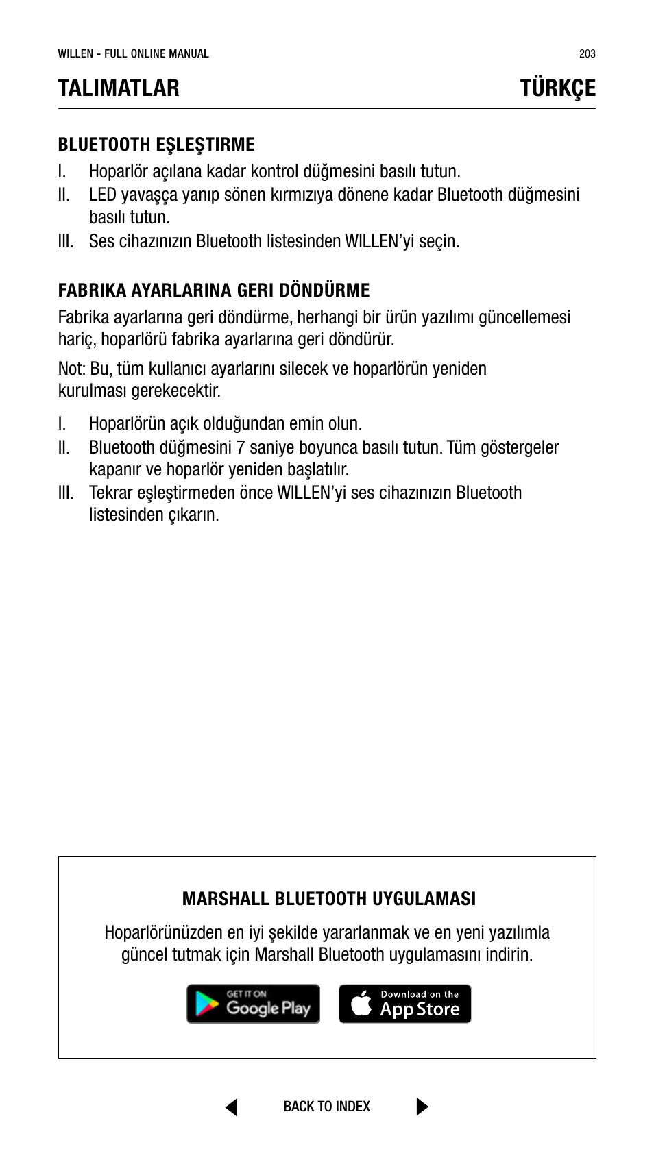 Talimatlar, Türkçe | Marshall Willen Portable Bluetooth Speaker (Black & Brass) User Manual | Page 203 / 219