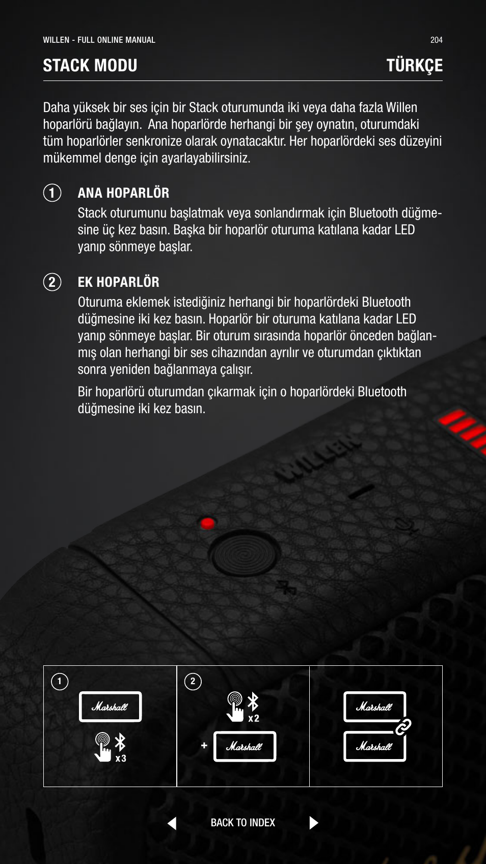 Stack modu, Türkçe | Marshall Willen Portable Bluetooth Speaker (Black & Brass) User Manual | Page 204 / 219