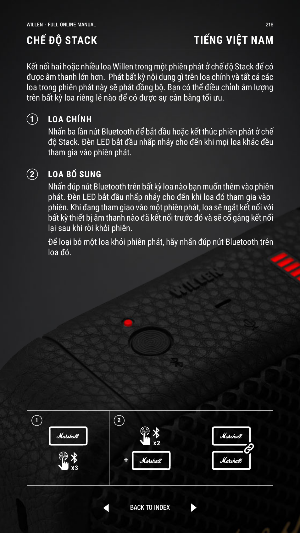 Chế độ stack, Tiếng việt nam | Marshall Willen Portable Bluetooth Speaker (Black & Brass) User Manual | Page 216 / 219