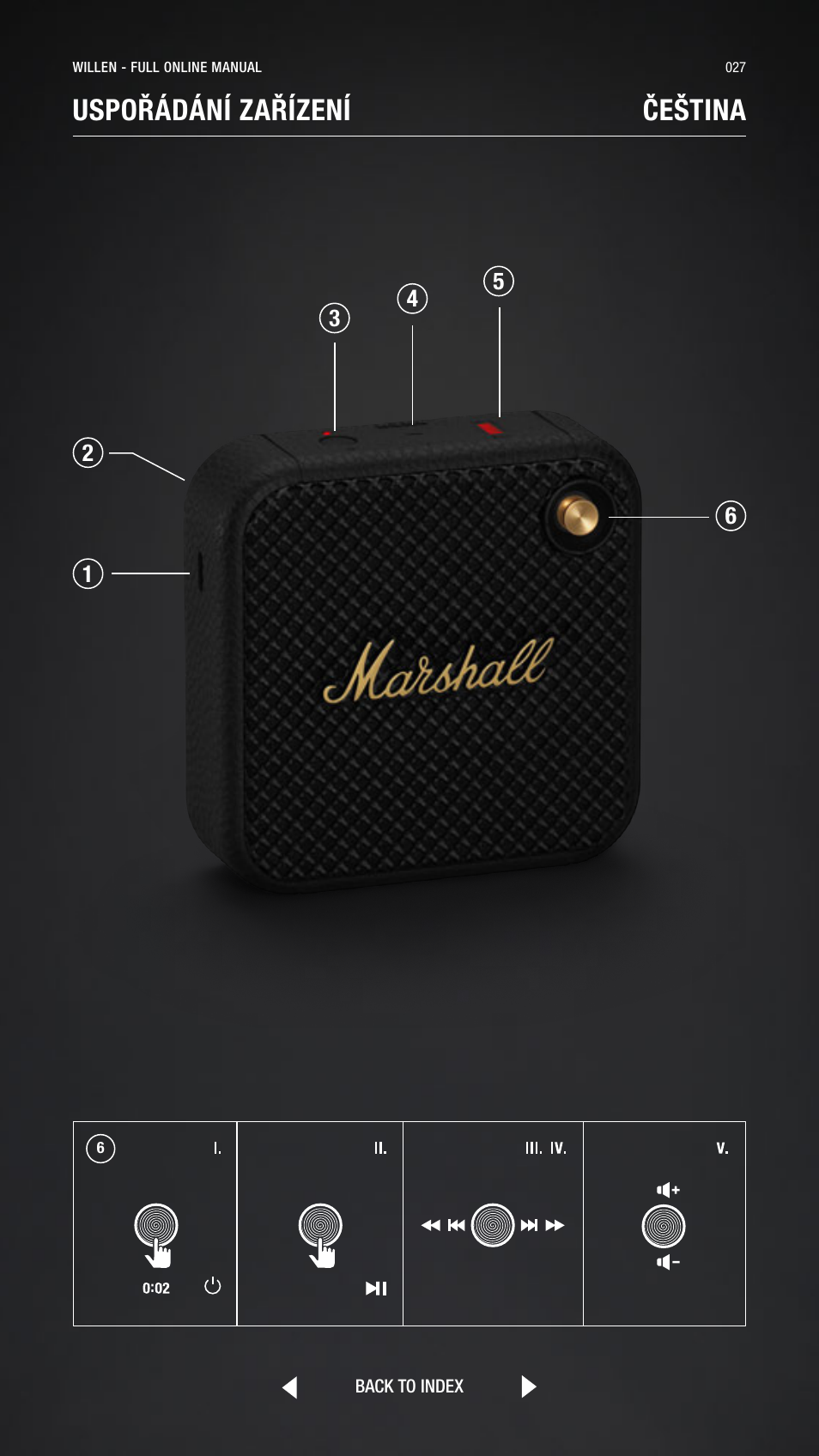 Czech, Čeština, Uspořádání zařízení čeština | Marshall Willen Portable Bluetooth Speaker (Black & Brass) User Manual | Page 27 / 219