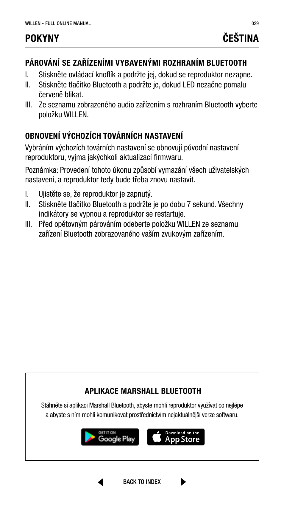 Pokyny čeština | Marshall Willen Portable Bluetooth Speaker (Black & Brass) User Manual | Page 29 / 219