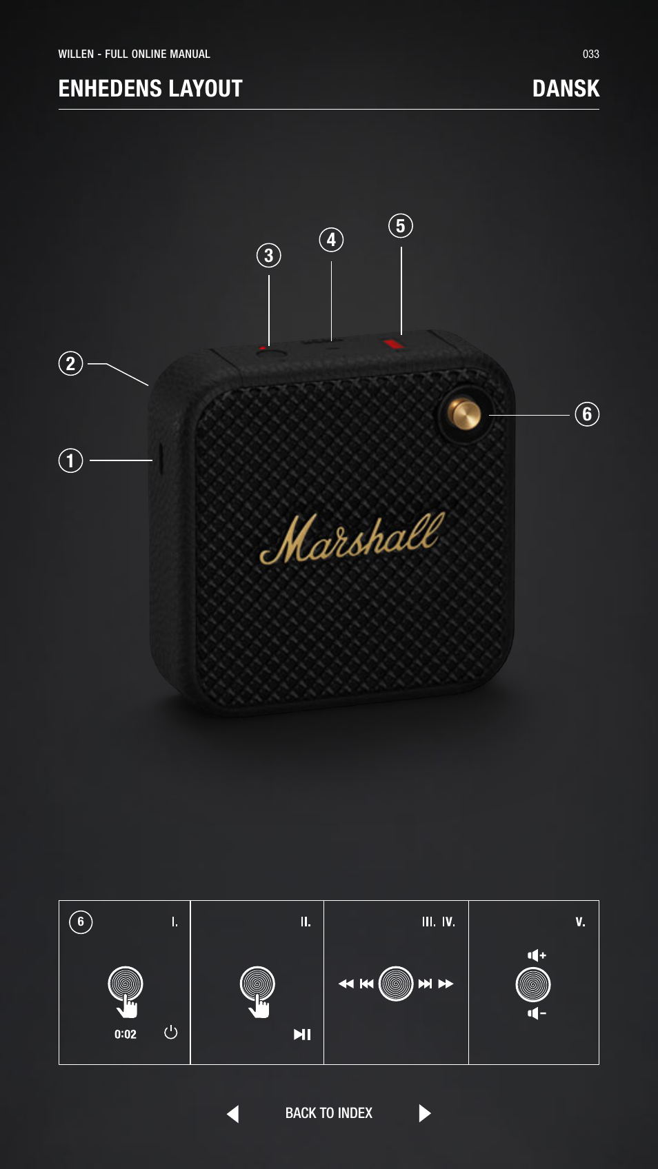 Danish, Dansk, Enhedens layout dansk | Marshall Willen Portable Bluetooth Speaker (Black & Brass) User Manual | Page 33 / 219