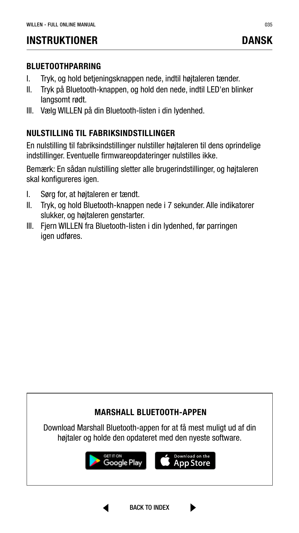 Instruktioner dansk | Marshall Willen Portable Bluetooth Speaker (Black & Brass) User Manual | Page 35 / 219