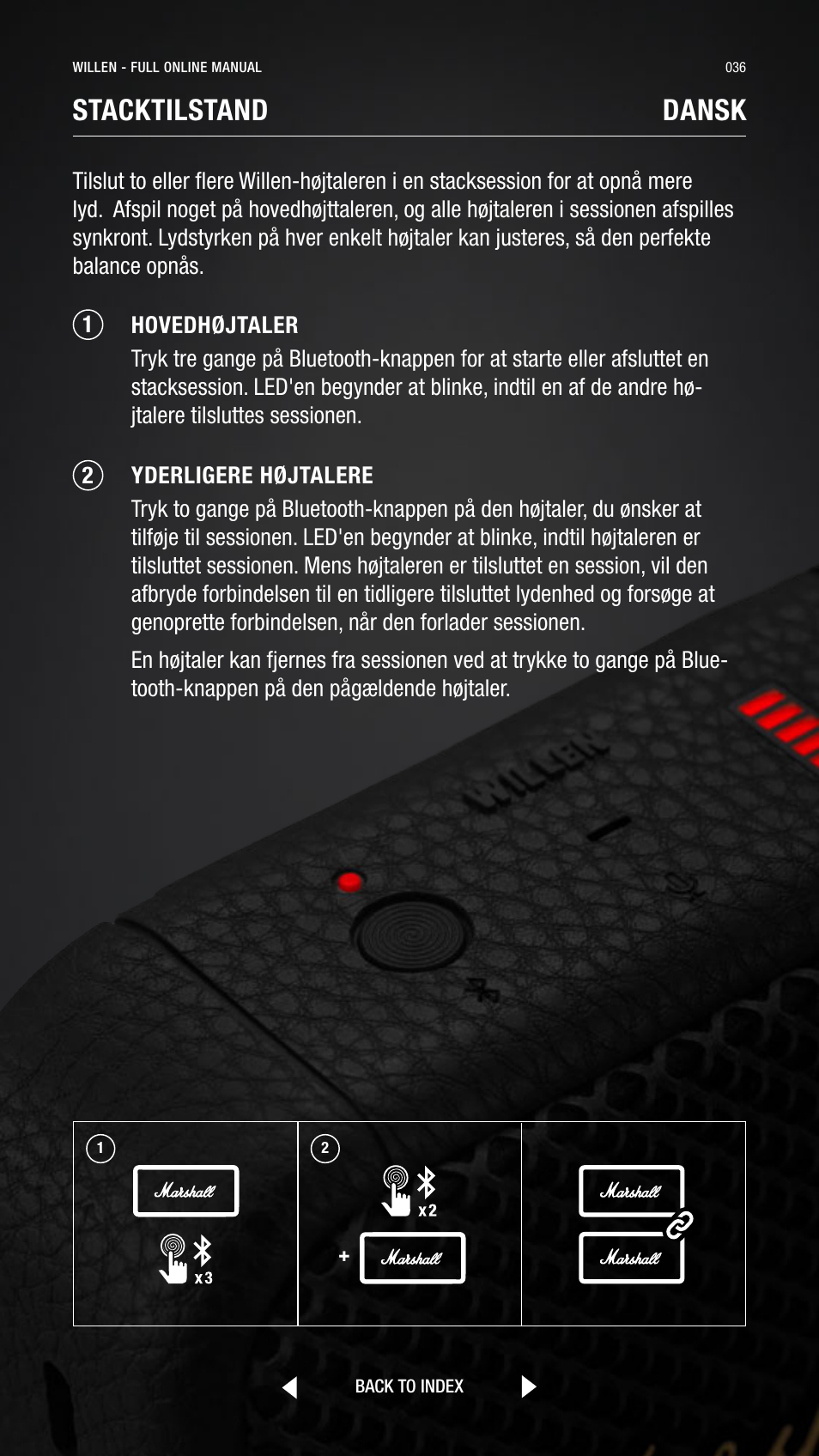 Stacktilstand dansk | Marshall Willen Portable Bluetooth Speaker (Black & Brass) User Manual | Page 36 / 219