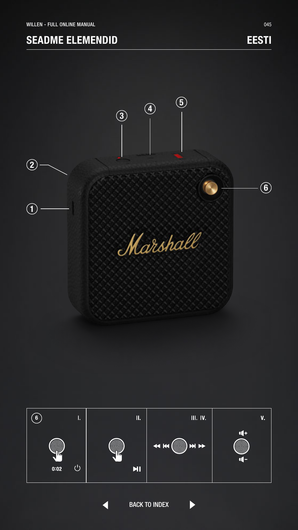 Estonian, Eesti, Seadme elemendid eesti | Marshall Willen Portable Bluetooth Speaker (Black & Brass) User Manual | Page 45 / 219