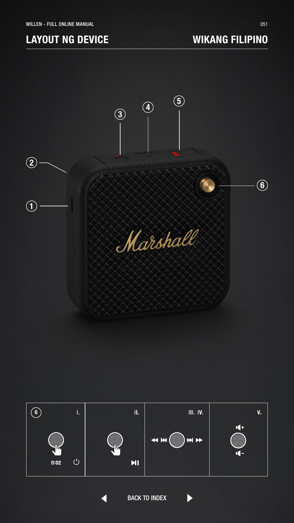 Filipino, Wikang filipino, Layout ng device wikang filipino | Marshall Willen Portable Bluetooth Speaker (Black & Brass) User Manual | Page 51 / 219