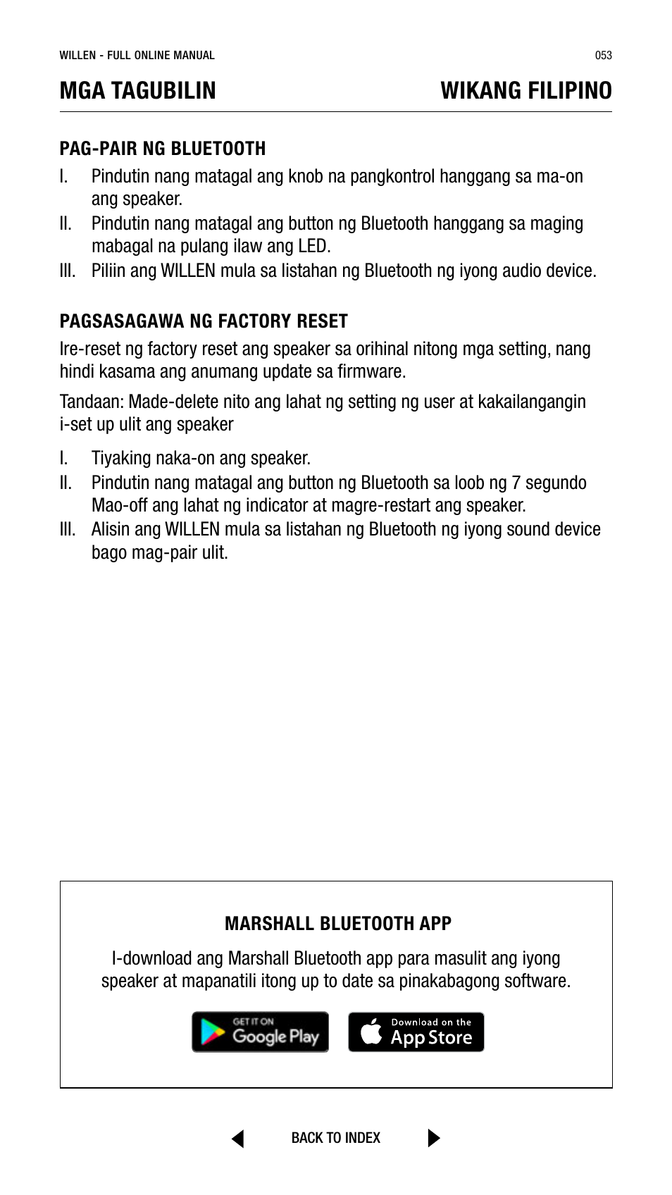 Mga tagubilin wikang filipino | Marshall Willen Portable Bluetooth Speaker (Black & Brass) User Manual | Page 53 / 219
