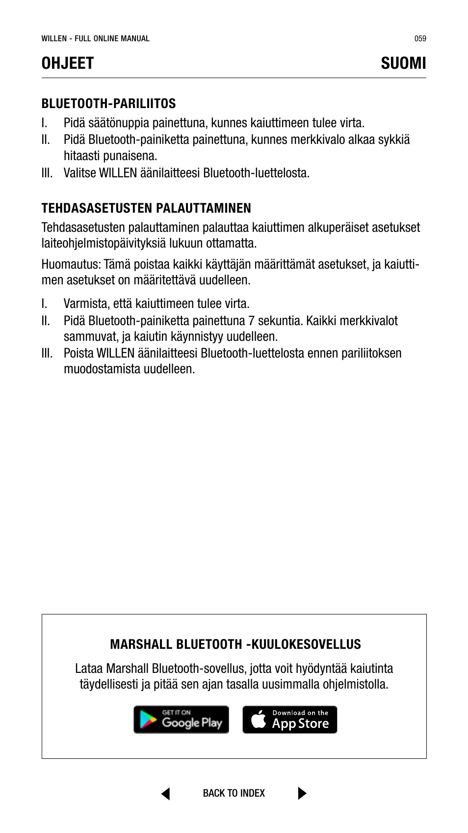 Ohjeet suomi | Marshall Willen Portable Bluetooth Speaker (Black & Brass) User Manual | Page 59 / 219