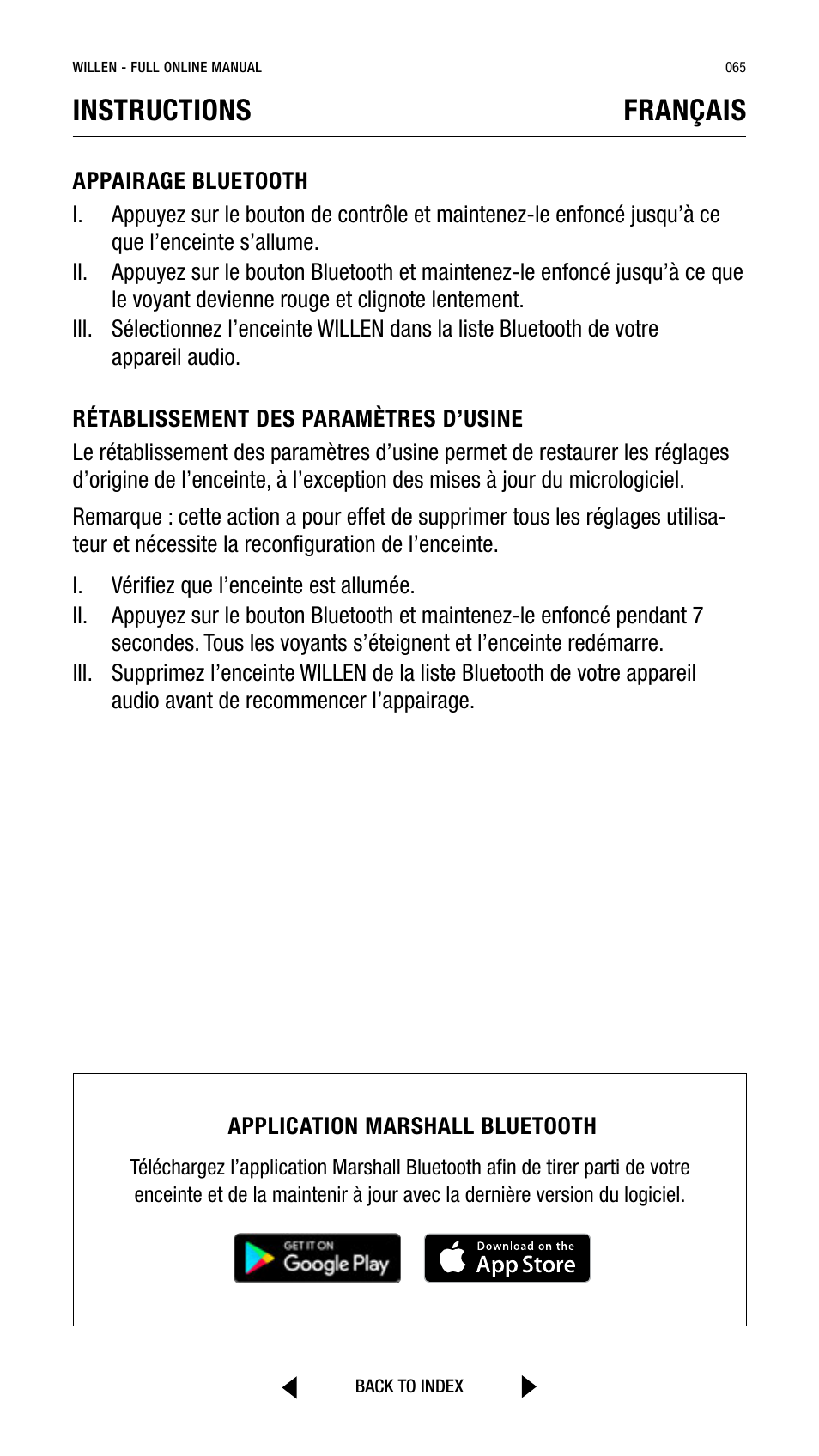 Instructions français | Marshall Willen Portable Bluetooth Speaker (Black & Brass) User Manual | Page 65 / 219
