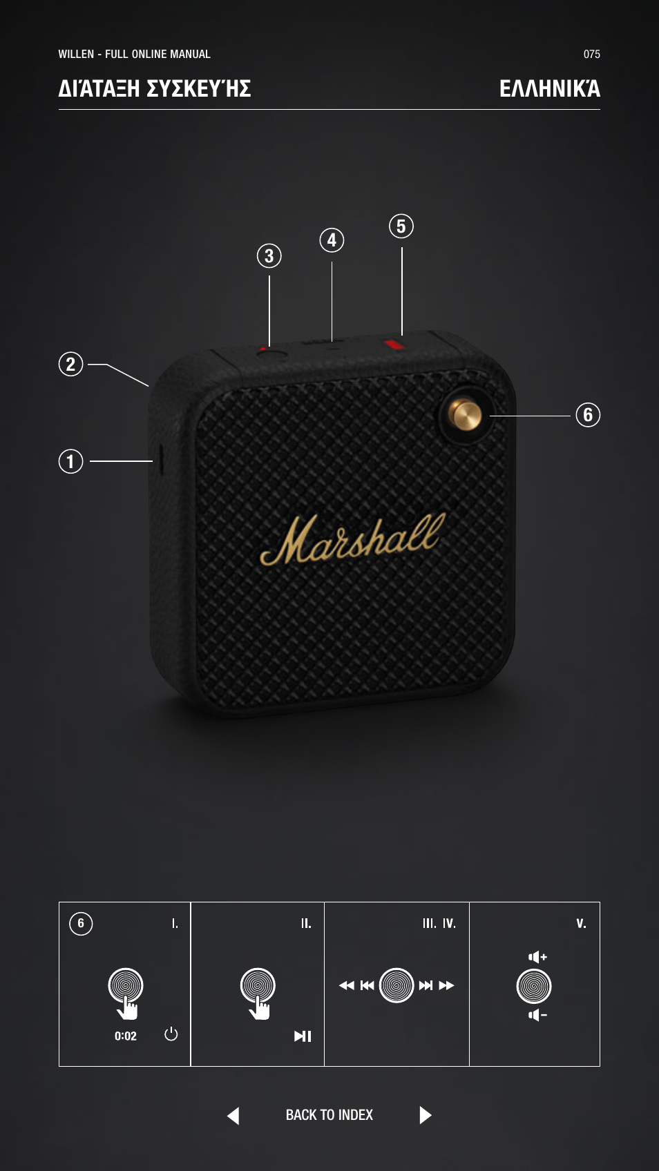 Greek, Ελληνικά, Διάταξη συσκευήσ ελληνικά | Marshall Willen Portable Bluetooth Speaker (Black & Brass) User Manual | Page 75 / 219