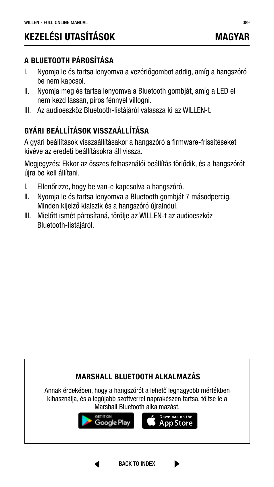Kezelési utasítások magyar | Marshall Willen Portable Bluetooth Speaker (Black & Brass) User Manual | Page 89 / 219