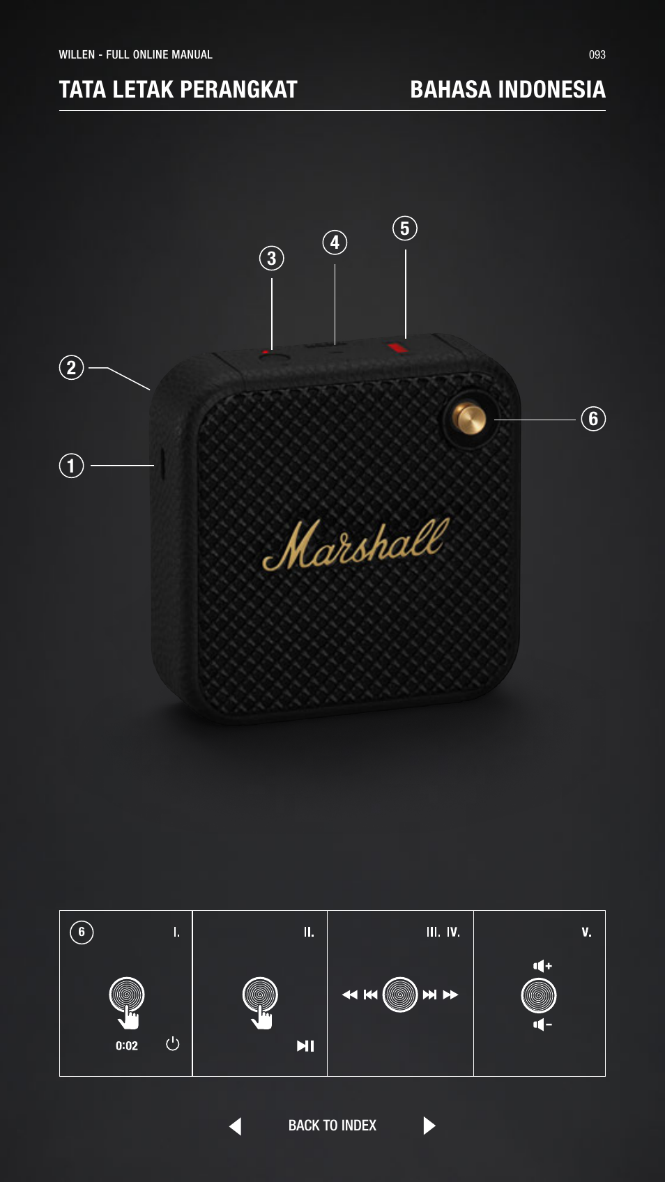 Indonesian, Bahasa indonesia, Tata letak perangkat bahasa indonesia | Marshall Willen Portable Bluetooth Speaker (Black & Brass) User Manual | Page 93 / 219
